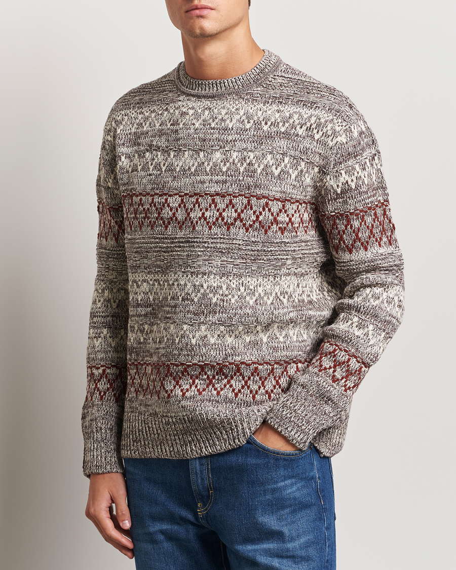 Uomini | Maglioni a maglia | KnowledgeCotton Apparel | Knitted Pattern Lambswool Crewneck Brown