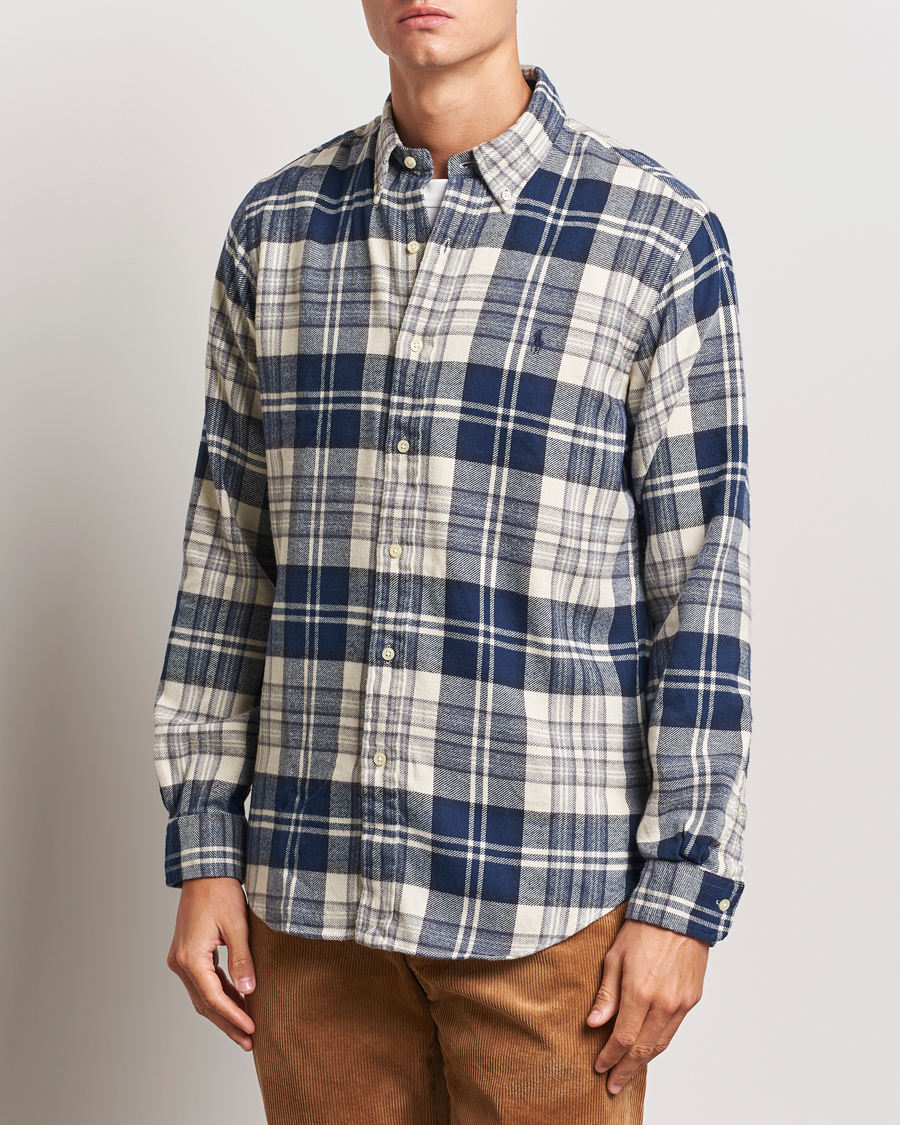 Uomini |  | Polo Ralph Lauren | Custom Fit Brushed Flannel Checked Shirt Off White/Navy