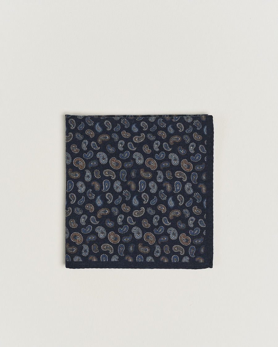 Uomini | Nya produktbilder | Amanda Christensen | Wool Flannel Printed Paisley Pocket Square Navy