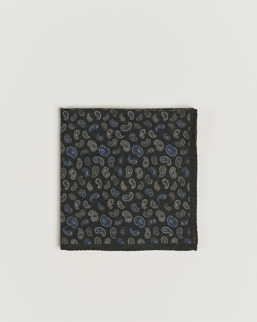 Uomini |  | Amanda Christensen | Wool Flannel Printed Paisley Pocket Square Dark Olive