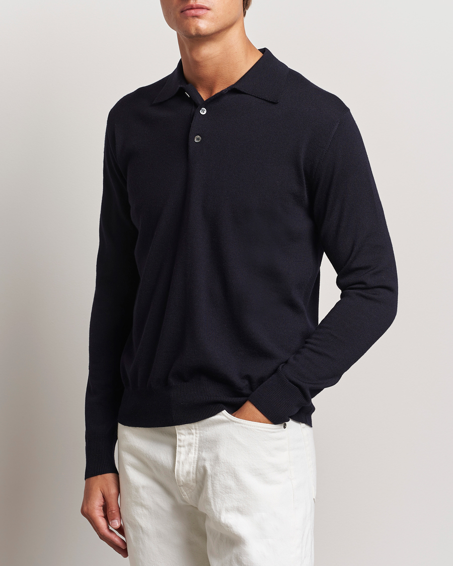 Uomini | Italian Department | Altea | Merino Long Sleeve Polo Navy