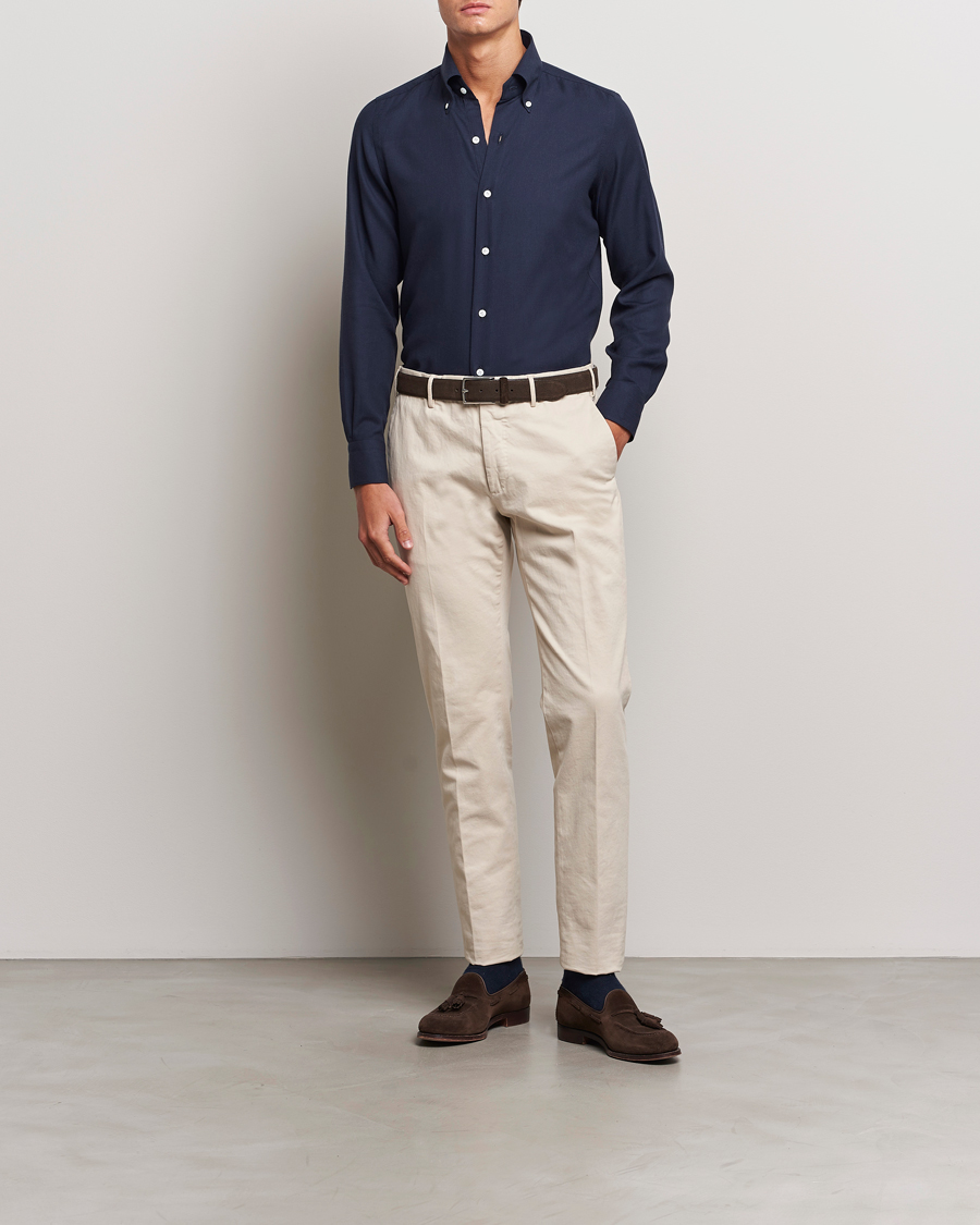 Uomini | Casual | Finamore Napoli | Milano Slim Cashmere BD Shirt Navy