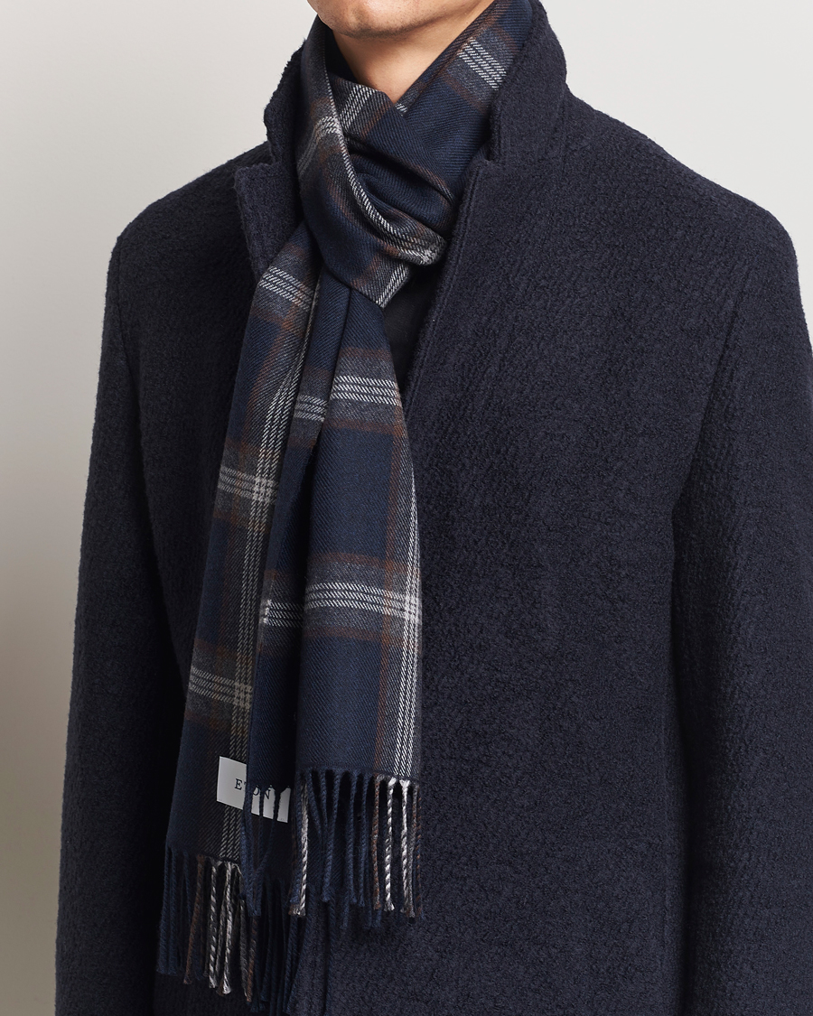 Uomini |  | Eton | Merino Wool Checked Scarf Navy Blue