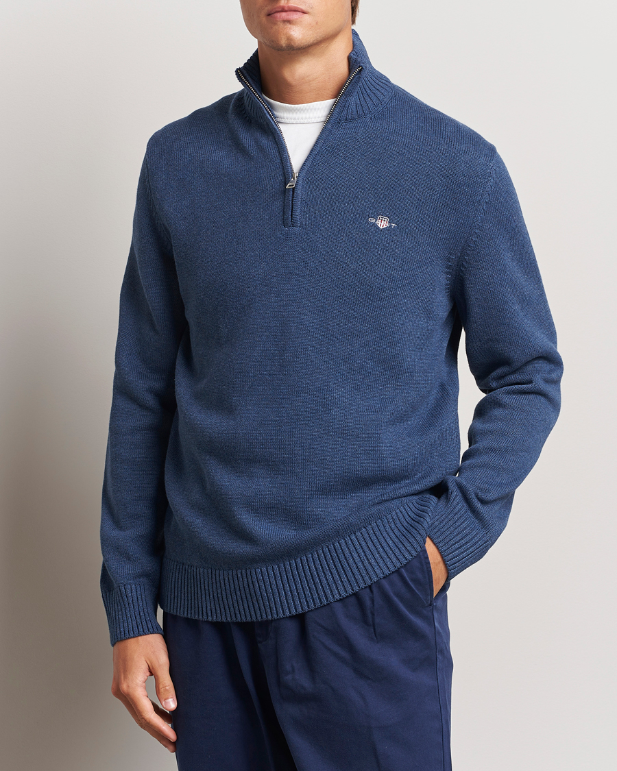 Uomini | Maglieria | GANT | Cotton Half Zip Dark Jeans Blue Melange