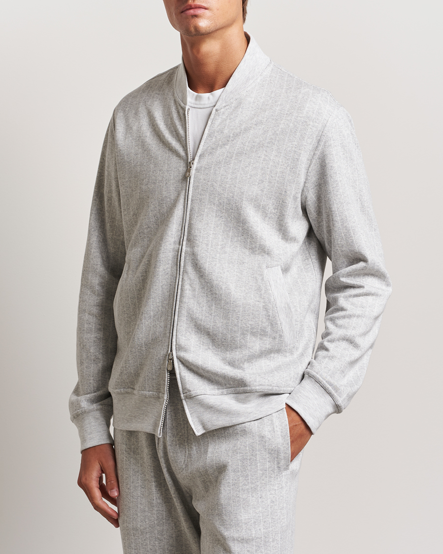 Uomini | Full-zip | Brunello Cucinelli | Soft Pinstripe Full Zip Sweater Pearl Grey