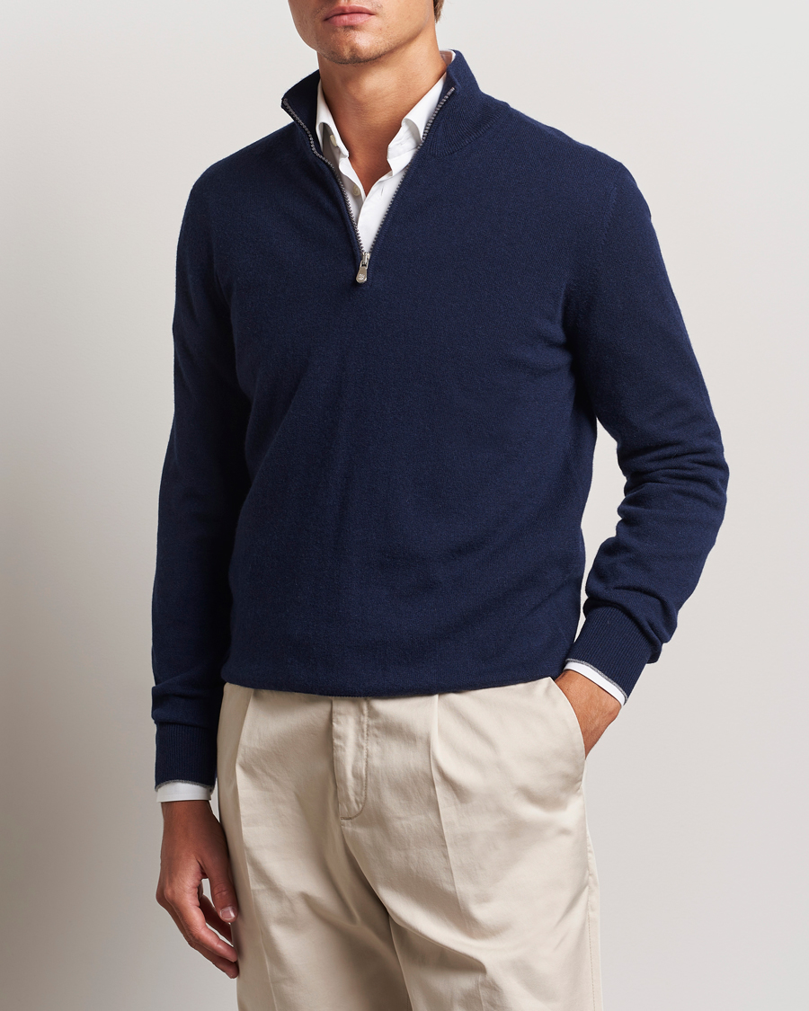 Uomini | Maglioni di cashmere | Brunello Cucinelli | 2 Ply Cashmere Half Zip Navy