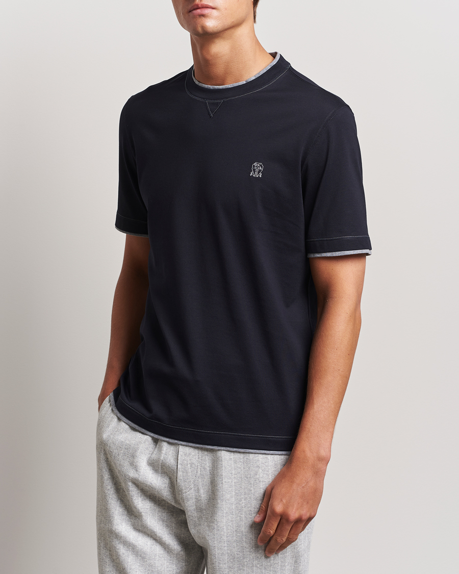 Uomini | Camicie a maniche corte | Brunello Cucinelli | Short Sleeve Logo T-Shirt Navy