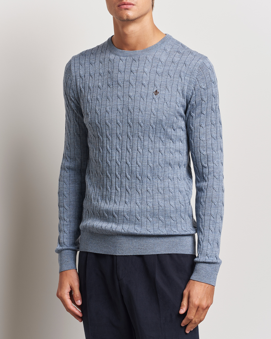 Uomini | Business & Beyond - Casual | Morris | Merino Cable O-Neck Light Blue