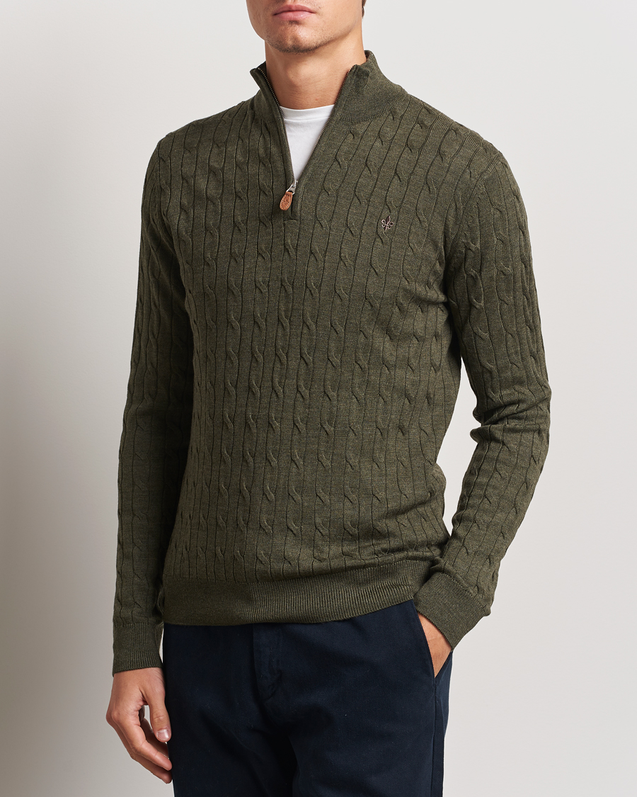 Uomini |  | Morris | Merino Cable Half Zip Olive