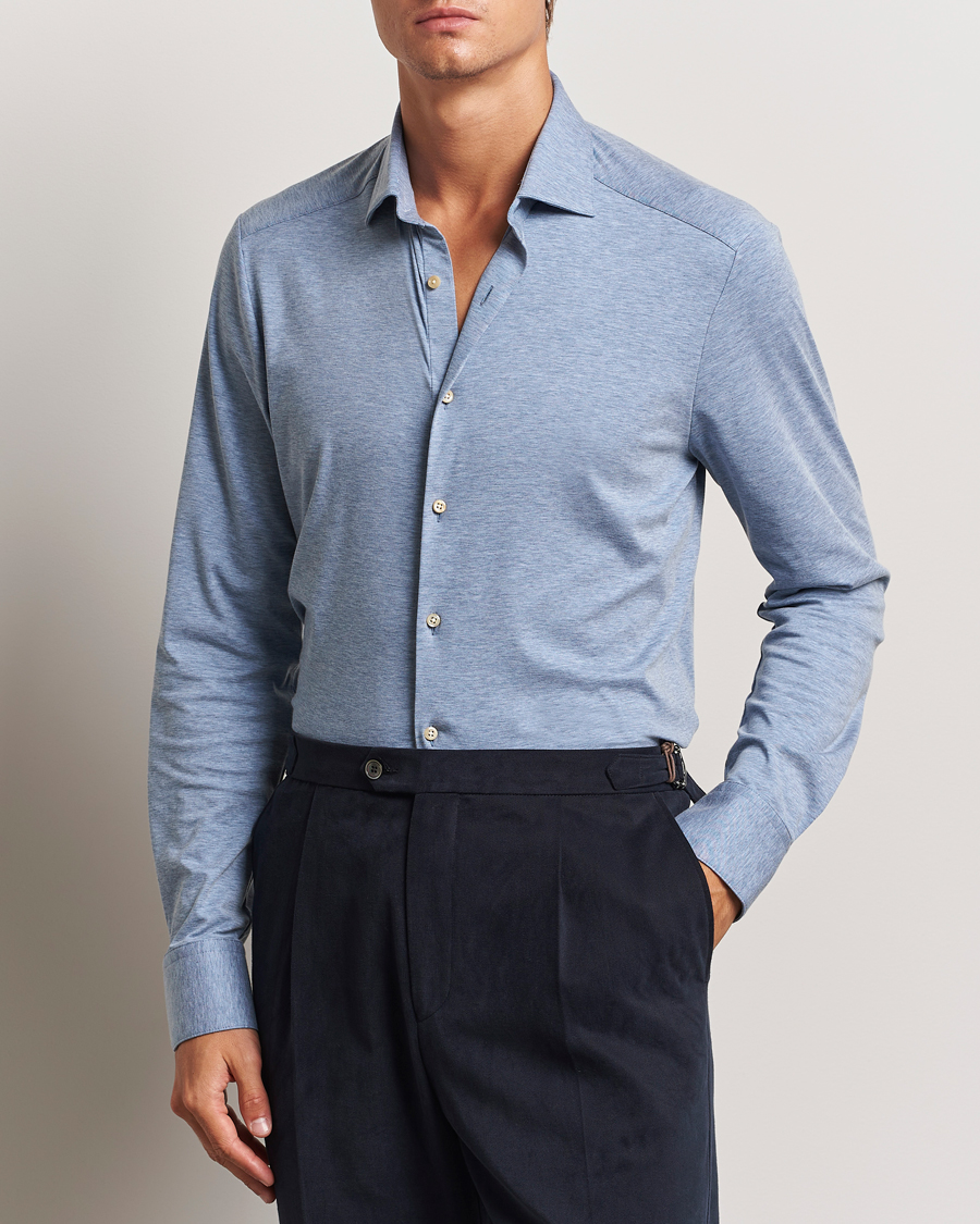 Uomini | Casual | Stenströms | Slimline 4-Way Stretch Jersey Shirt Blue