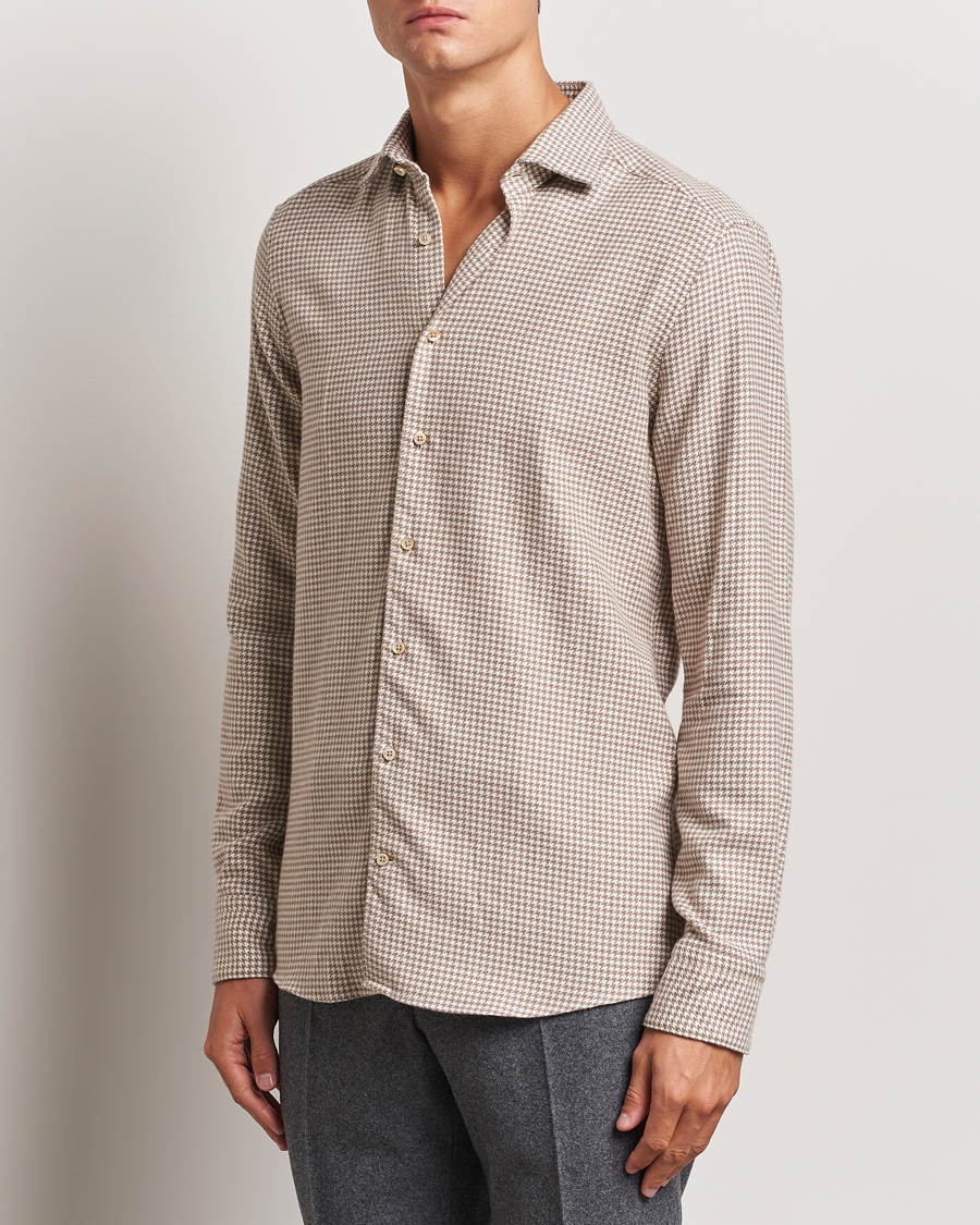 Uomini | Casual | Stenströms | Slimline Flannel Houndstooth Shirt Light Brown