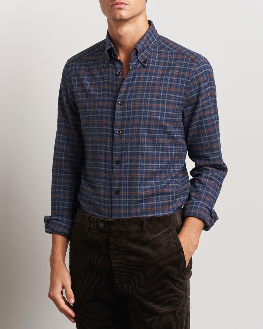 Uomini |  | Stenströms | Slimline Small Check Flannel Shirt Dark Blue