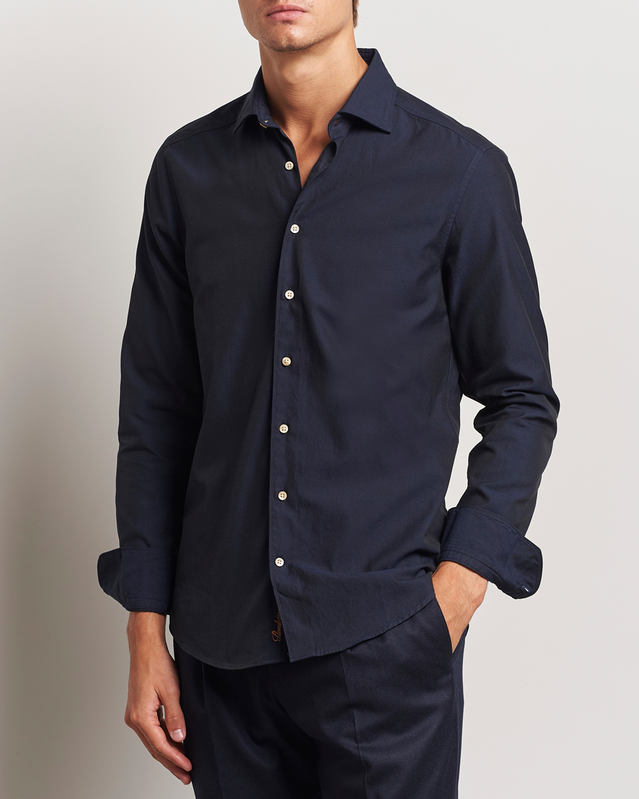 Uomini |  | Stenströms | Slimline Cut Away Washed Twill Shirt Navy