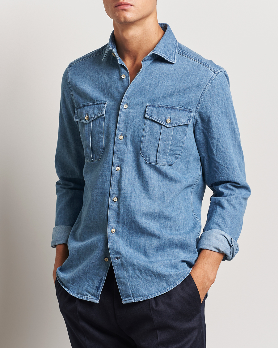 Uomini | Camicie in denim | Stenströms | Slimline Double Pocket Denim Shirt Blue