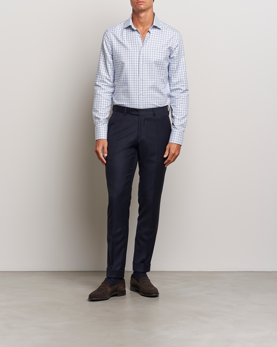 Uomini | Camicie business | Stenströms | Slimline Small Checked Cut Away Shirt Blue