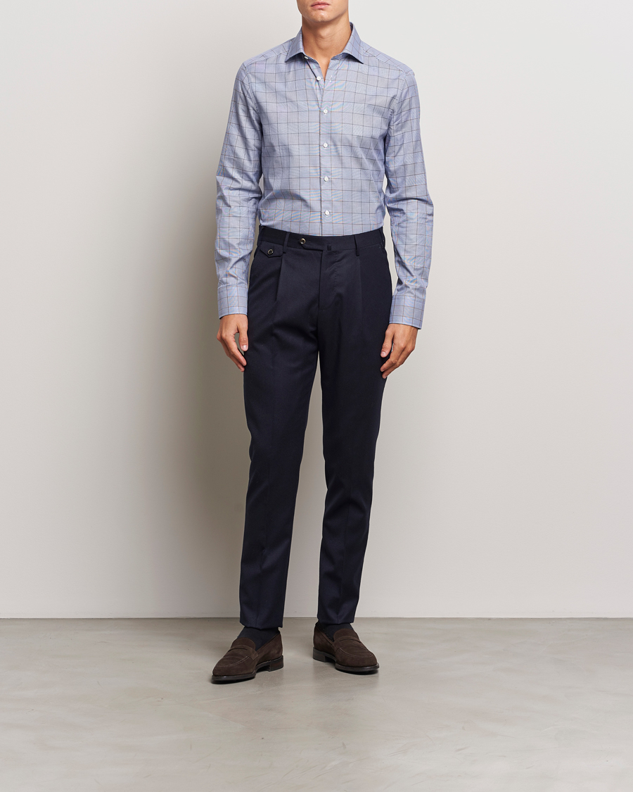 Uomini | Formale | Stenströms | Slimline Prince of Wales Check Shirt Blue