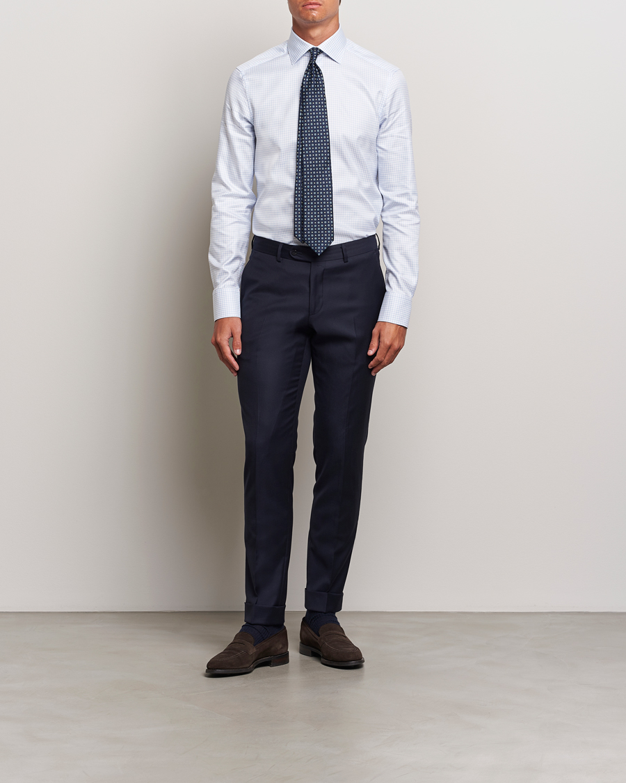 Uomini | Formale | Stenströms | Slimline Mini Check Twill Shirt White/Blue