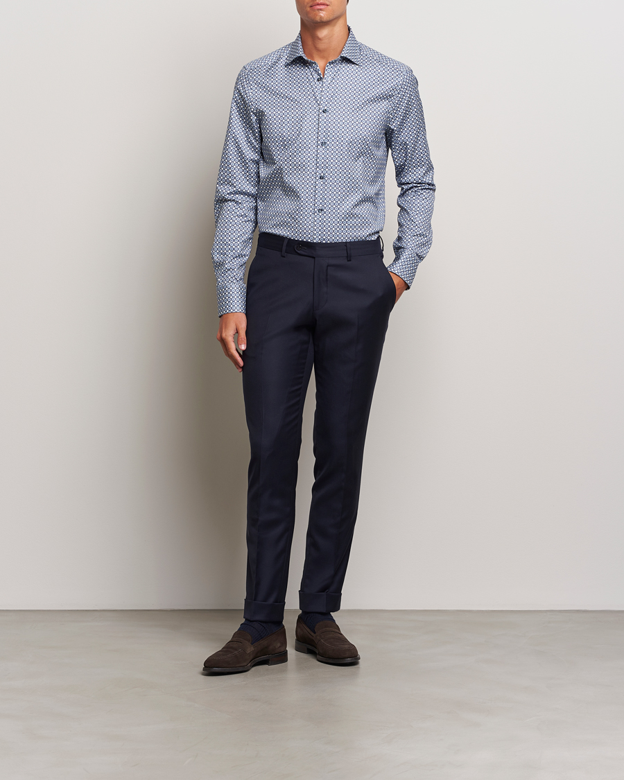 Uomini |  | Stenströms | Slimline Printed Twill Cut Away Shirt Blue