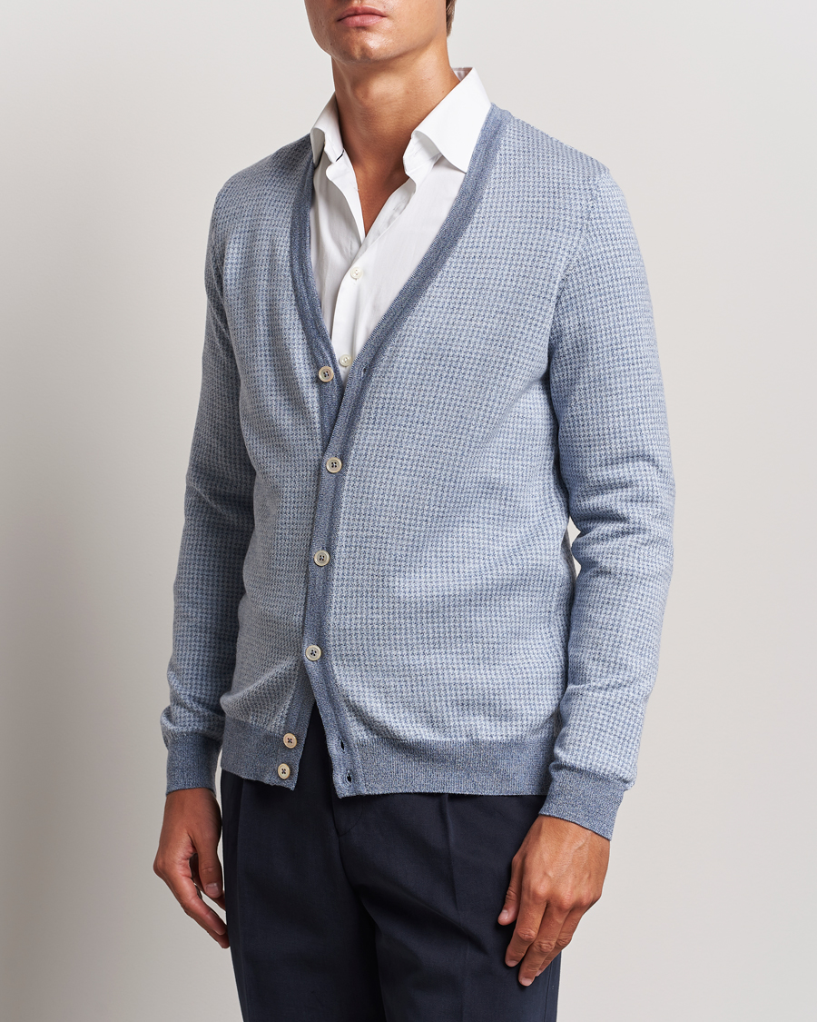 Uomini | Cardigan | Stenströms | Pepita Merino Wool Cardigan Navy