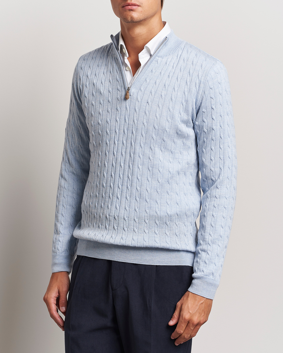 Uomini | Maglieria | Stenströms | Merino Cable Half Zip Light Blue