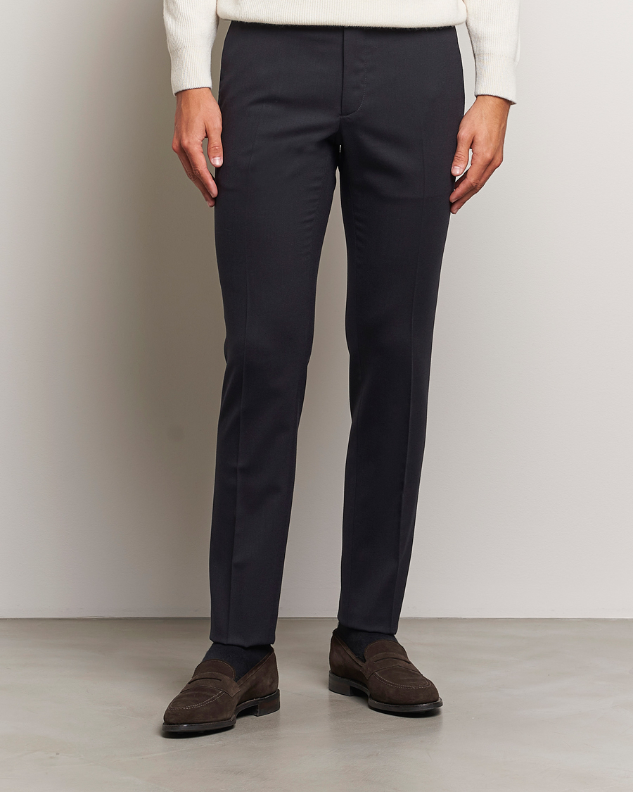 Uomini | Pantaloni di flanella | Incotex | Silm Fit Washable Flannel Trousers Navy