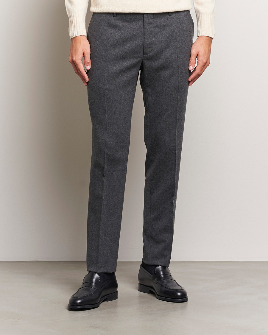 Uomini | Pantaloni di flanella | Incotex | Silm Fit Washable Flannel Trousers Dark Grey