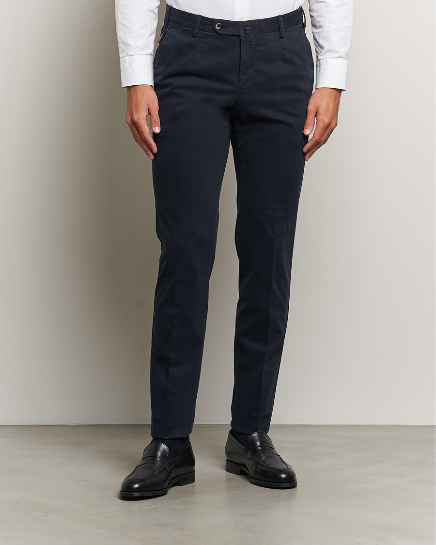 Uomini |  | PT01 | Slim Fit Pleated Cotton Trousers Navy