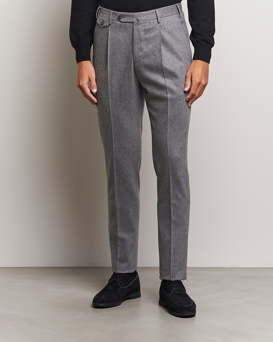 Uomini | Pantaloni di flanella | PT01 | Slim Fit Pleated Wool/Cashmere Trousers Grey Melange