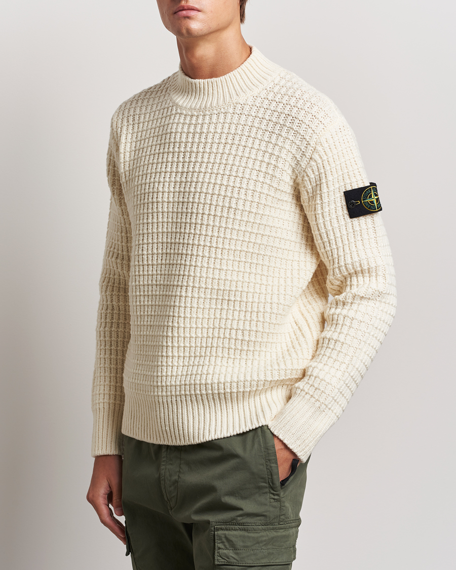 Uomini | Stone Island | Stone Island | Checkered Rib Stich Wool Mock Neck Natural