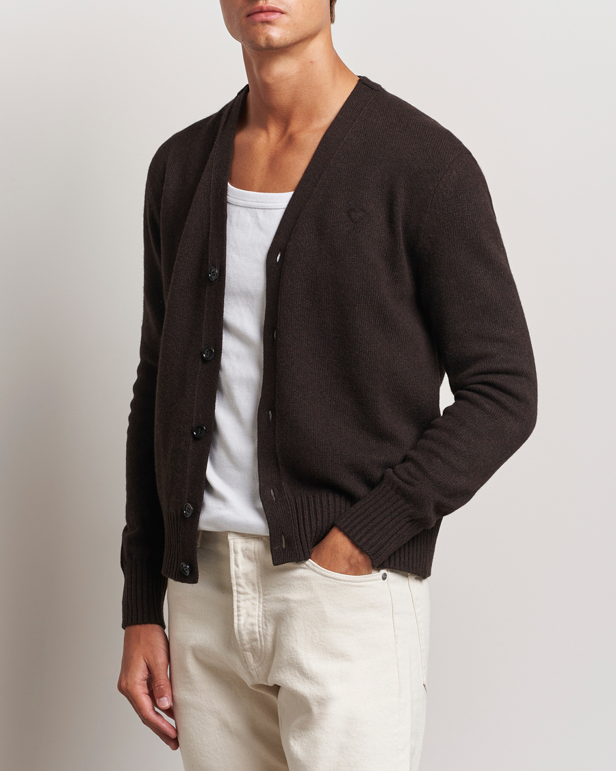 Uomini | Maglieria | AMI | Tonal Heart Logo Wool Cardigan Dark Coffee