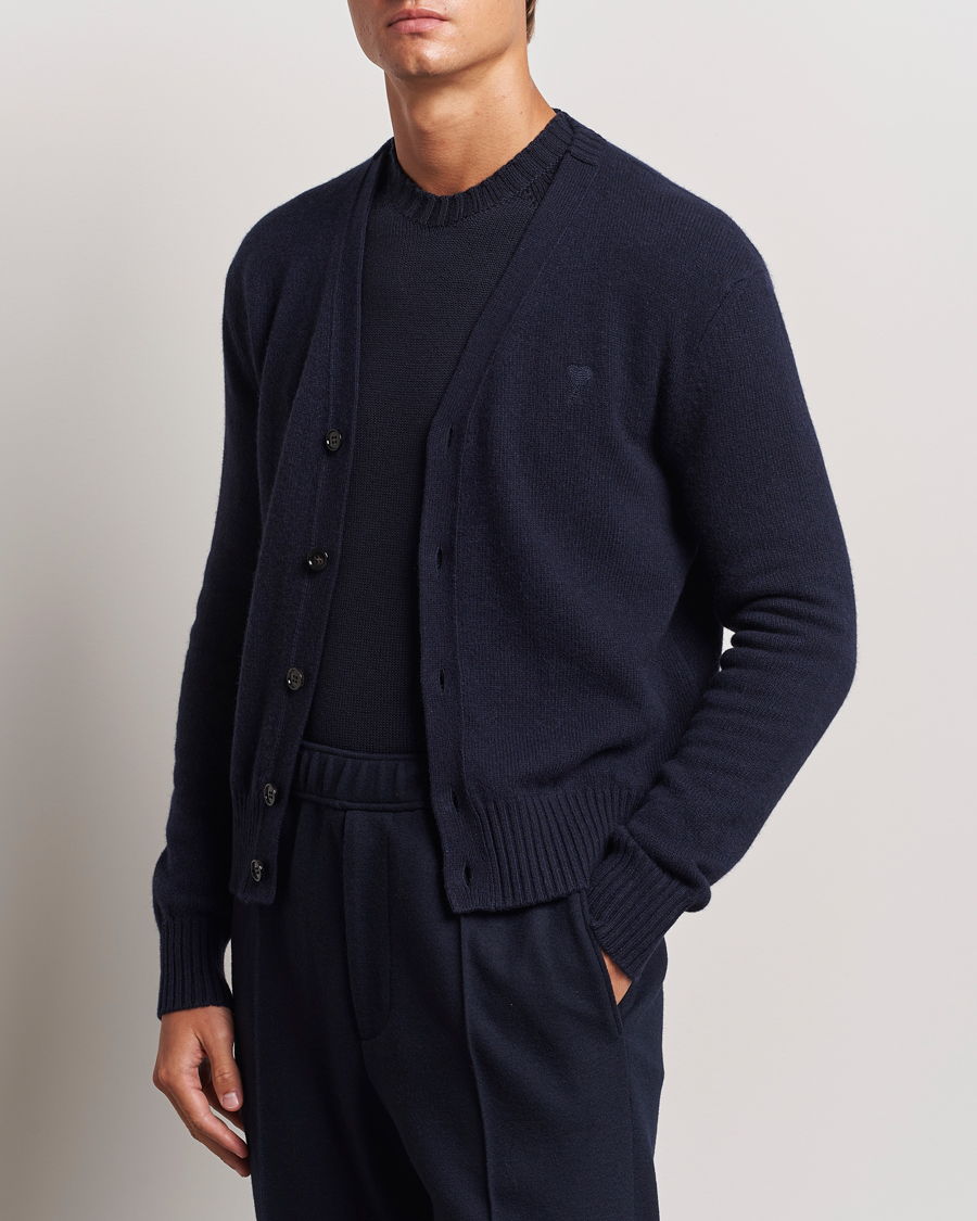 Uomini | AMI | AMI | Tonal Heart Logo Wool Cardigan Navy