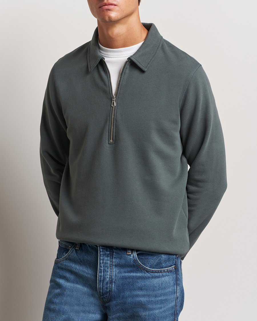 Uomini |  | Sunspel | Zip Loopback Sweatshirt Polo Drill Green