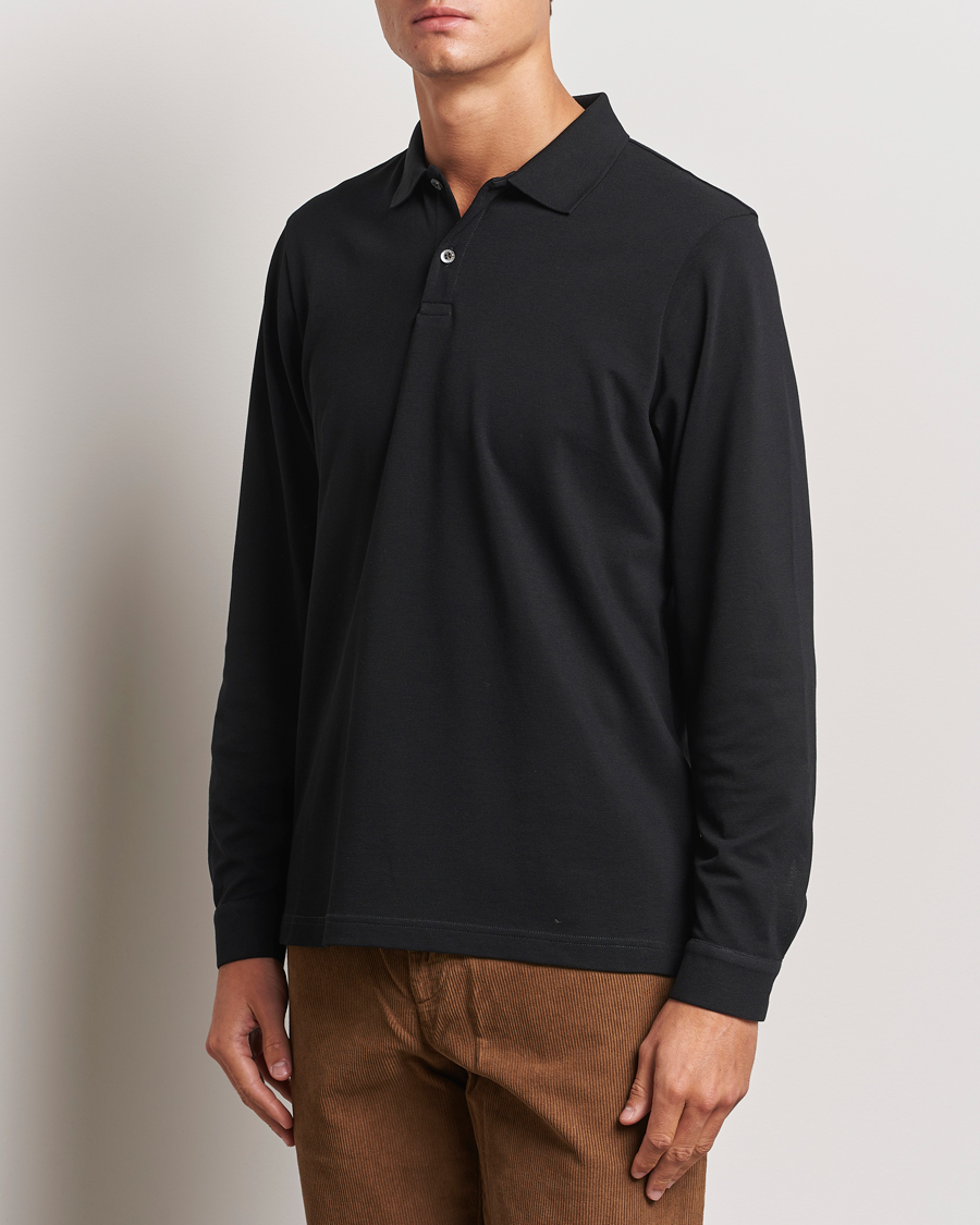 Uomini |  | Sunspel | Long Sleeve Pique Poloshirt Black