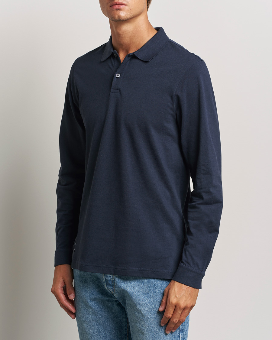 Uomini | Polo | Sunspel | Long Sleeve Pique Poloshirt Navy