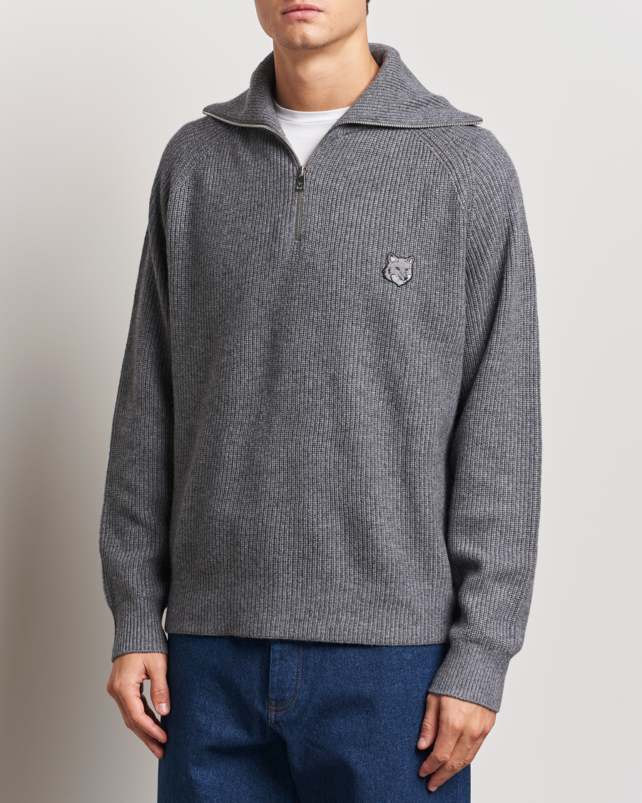 Uomini |  | Maison Kitsuné | Bold Fox Rib Knitted Half Zip Medium Grey Melange