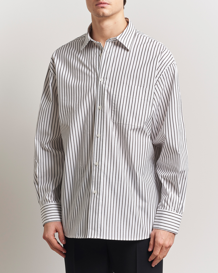 Uomini | Camicie | Filippa K | Striped Cotton Poplin Shirt Coffee/White