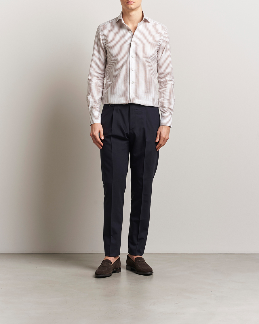 Uomini | Camicie | 100Hands | Cut Away Striped Linen Shirt Brown